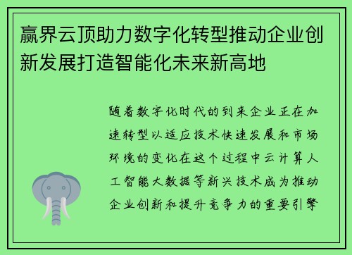 赢界云顶助力数字化转型推动企业创新发展打造智能化未来新高地